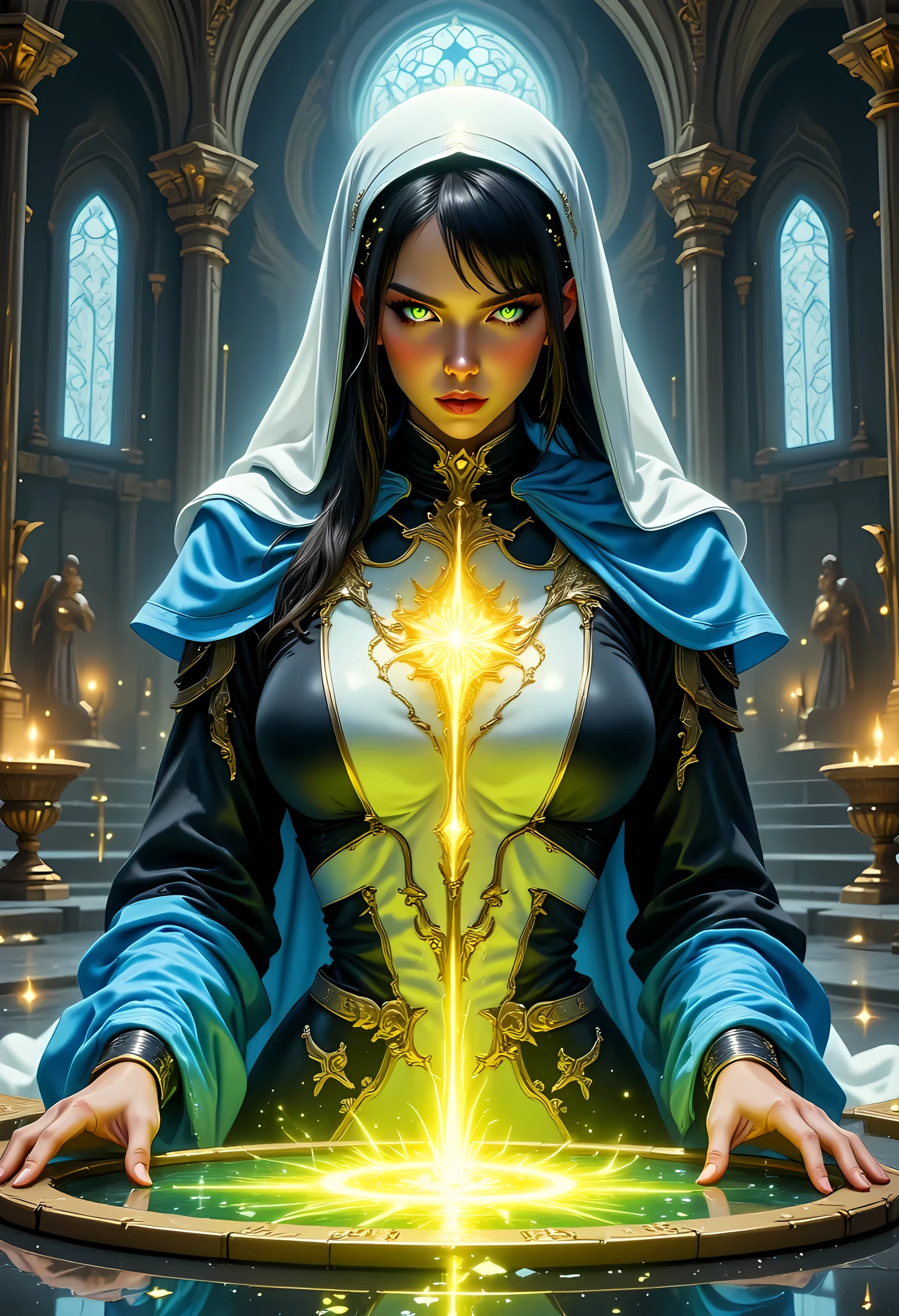 portrait of a nun making an exorcism on a sleeping  , fantasy portrait  art, dnd art, RPG art, wide shot, (masterpiece: 1.4) intense details, highly detailed, photorealistic, best quality, highres,  (fantasy art, Masterpiece, best quality: 1.3) , intense details facial details, exquisite beauty, (fantasy art, Masterpiece, best quality) fantasy nun,  long hair,  (green eyes: 1.3), casting yellow radiant spell, wearing heavy (black and white armor: 1.3), small cleavage, wearing high heeled boots, wearing an (blue cloak:1.3), wearing glowing holy symbol, within fantasy temple background, reflection light, high details, best quality, 16k, [ultra detailed], masterpiece, best quality, (extremely detailed), close up, ultra wide shot, photorealistic, RAW, fantasy art, dnd art, fantasy art, realistic art,((best quality)), ((masterpiece)), (detailed), perfect face, zavy-ctcmcs