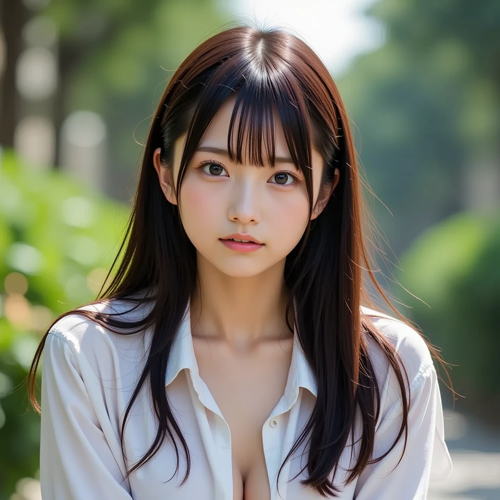 ((highest quality、8K、masterpiece))、sharp focus:1.2、Cute 14 year old girl with perfect figure:1.4、slender abs:1.2、((dark brown hair))、(white button fastened)shirt、jeans:1.1)、street:1.2、Highly detailed face and skin texture、detailed eyes、double eyelid、Close-up of a woman in a kimono dress posing for a photo、Japanの女神、Japan人モデル、White、cleavage、tits、Kimono appearance、Japan、depicts a fascinating anime girl。