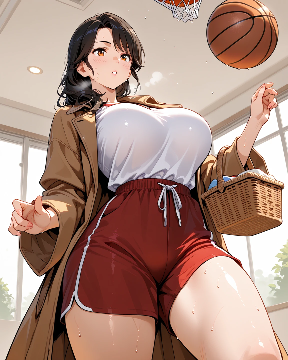 chubby girl, brown hair, twintails hairstyle, curvy, wide hips, huge breasts, plump, full body, shortstack, short shorts, pink tennis, long stripes socks,