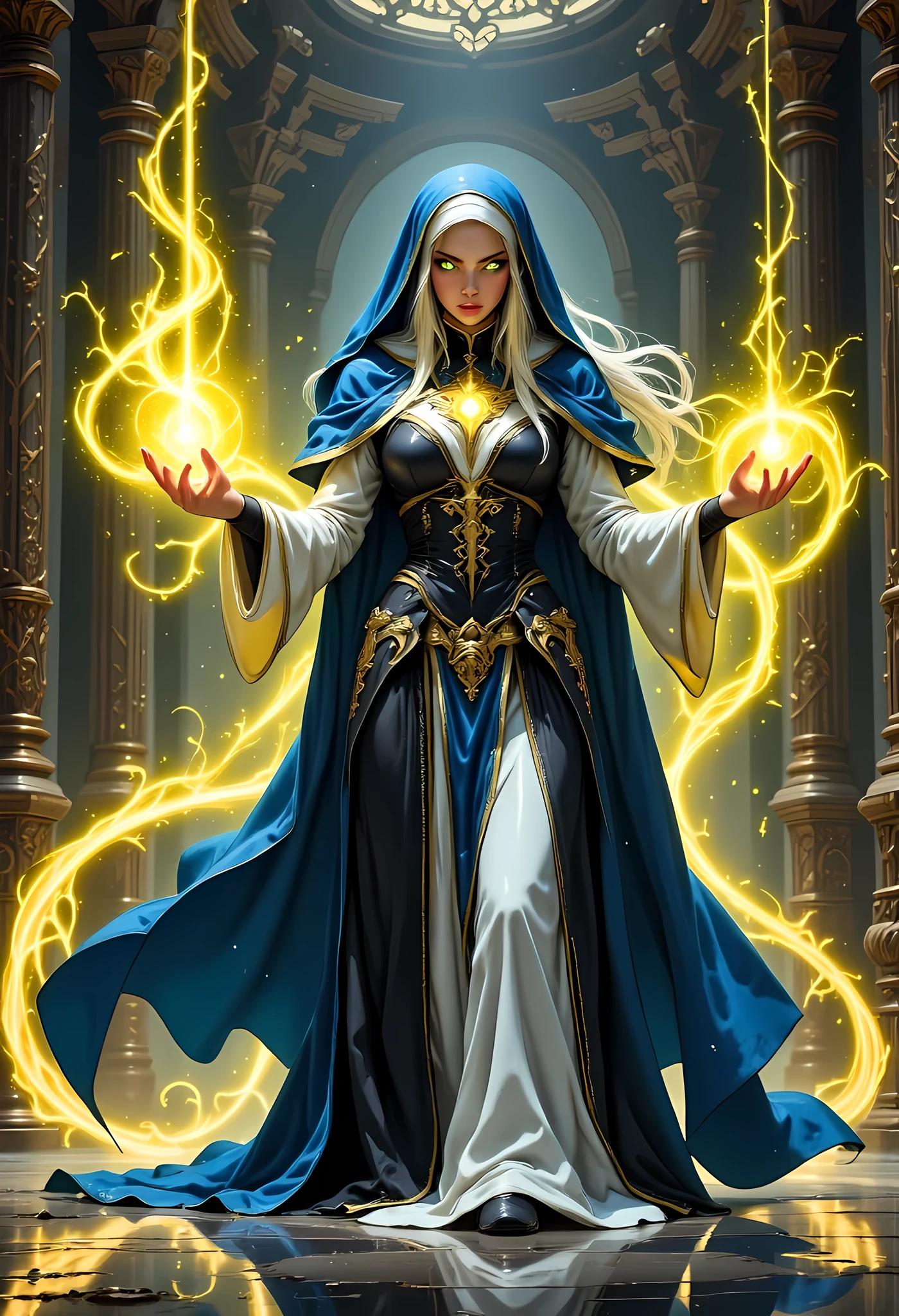 portrait of a nun making an exorcism on a sleeping  , fantasy portrait  art, dnd art, RPG art, wide shot, (masterpiece: 1.4) intense details, highly detailed, photorealistic, best quality, highres,  (fantasy art, Masterpiece, best quality: 1.3) , intense details facial details, exquisite beauty, (fantasy art, Masterpiece, best quality) fantasy nun,  long hair,  (green eyes: 1.3), casting yellow radiant spell, wearing heavy (black and white armor: 1.3), small cleavage, wearing high heeled boots, wearing an (blue cloak:1.3), wearing glowing holy symbol, within fantasy temple background, reflection light, high details, best quality, 16k, [ultra detailed], masterpiece, best quality, (extremely detailed), close up, ultra wide shot, photorealistic, RAW, fantasy art, dnd art, fantasy art, realistic art,((best quality)), ((masterpiece)), (detailed), perfect face, zavy-ctcmcs