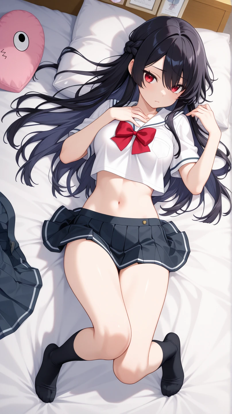 A girl,twintails,Long hair,Black Hair,Clear white shirt,Towering breasts,Slim waist,Showing belly,Pleated Skirt,Smooth legs,blush,Lying in bed,Flowers,