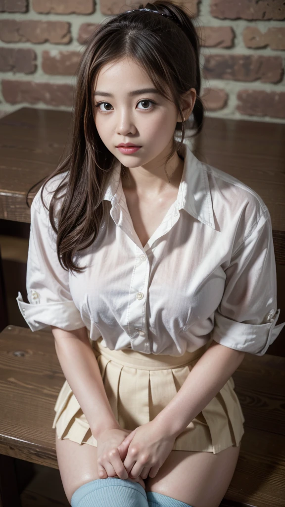 (detailed beautiful eyes and detailed face, masterpiece side light, masterpiece, best quality, detailed, High resolution illustrations), (1 girl, beautiful girl, Glowing skin, look down, Looking at the audience), ( Sky blue long hair, Pink Eyes, skirt, ribbon, Button-down shirts) 45 degrees, top view, sideways, (Hand details)