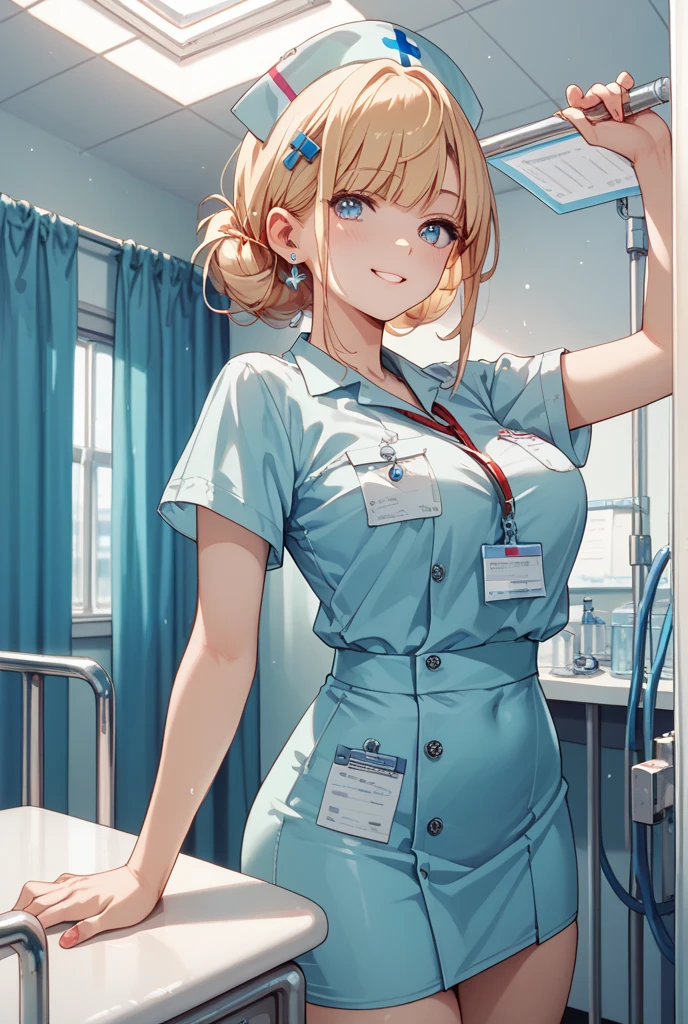 (score_9, score_8_up, score_7_up, score_6_up, score_5_up, score_4_up), masterpiece, best quality, high_resolution, 8k, UHD, 1girl, detailed, extremely detailed, best anatomy, (large breasts), nurse, stockings, short hair, yellow hair, messy hair, bangs, green eyes, white clothes, white nurse clothes 