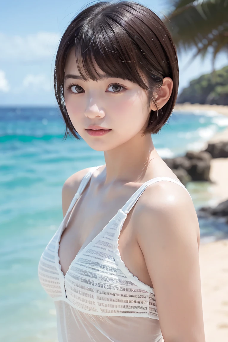 beautiful, nature, Glossy Lips、short hair、Very short hair、Shortcuts、Japan One Girl、(beauty、Delicate:1.3)、(20-year-old:1.3)、break、(Upper body from the waist up、Micro Bikini:1.3)、break、Definition of Very Fine Particles、(Symmetrical eyes:1.3)、break、(beautiful sea and white sand:1.3)、break、Small breasts、Emerald Eyes、Parted bangs、Brown Hair、、break、(Eye and facial details:1.0)、break、(masterpiece、Highest quality、Very detailed、Detailed face、8k)、smile、とてもSmall breasts、