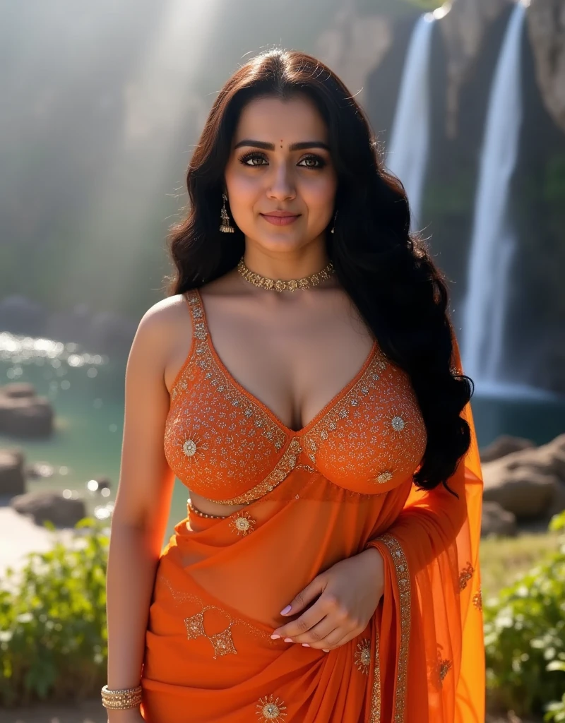 Gorgeous glorious indian actress, in oranges saree, standing in waterfalls, wet hair, burgundy hair, ponytail, curls, 4K details, pretty face, beautiful face, bright eyes, red lipstick, alluring natural breasts, huge breasts, narrow naval, hourglass figure,  cleavage, diamond necklace, hair band, ultra fine details,  smiling,