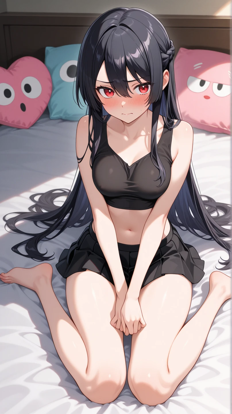 masterpiece,highest quality,High resolution,figure,Super detailed,8k CG wallpaper,Ray Tracing,(Black Hair:1.1),((Long Hair:1.1)),(black eye:1.1),Straight hair,Medium chest,(Urgent 1:0.8),Cover your chest with your hands,Leaning forward,((Embarrassing:1.2)),throw,((Kneel:1.3)),Navy one piece swimsuit,Dark bedroom,bed,Changing clothes,Undressing,Upper body naked