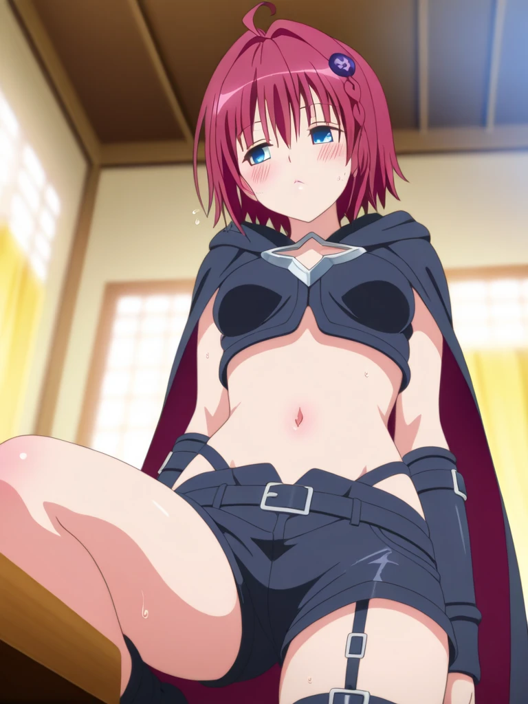 NSFW,(((1girl,1boy,???,vaginal,clothed))), View your viewers, 2D, anime, anime coloring, hephaestus, Eye patch, white lace bra,black pants , smile,forge,blacksmith’s shop,many sword,