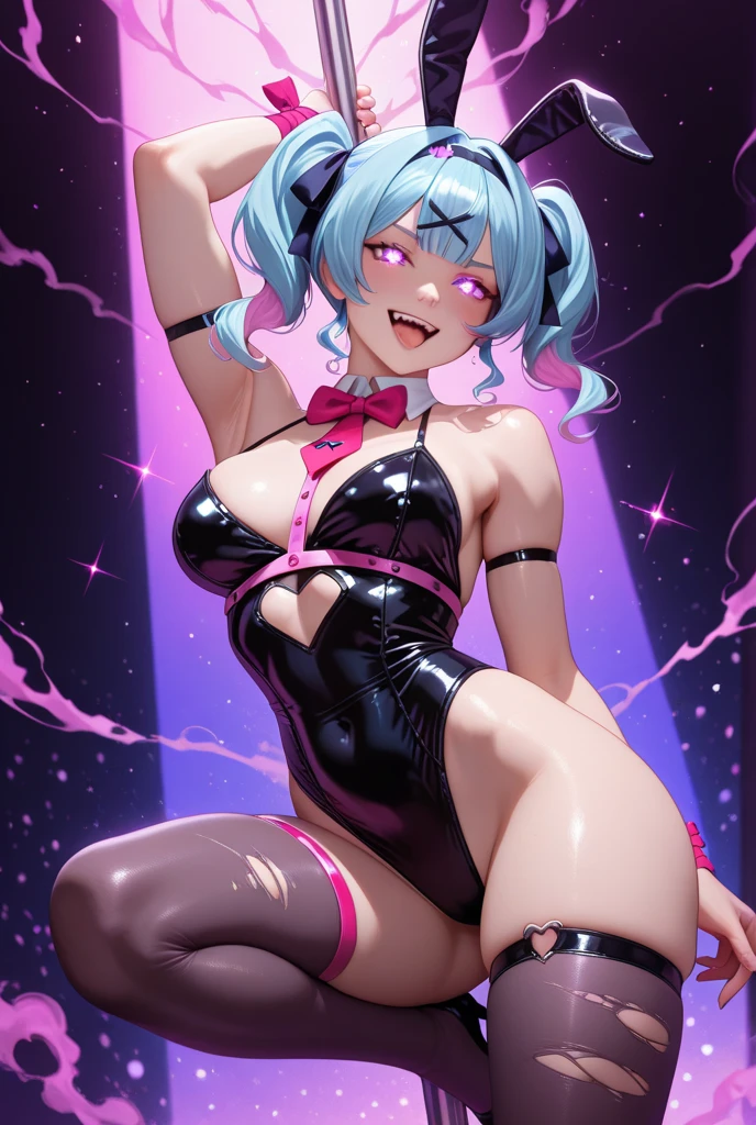 8K, Portrait, Maximum Resolution, HDR, Ultra Realistic, 3D, 8 Heads, Full Body, Straight Front, Shot from Below, Squatting, Grinning Face, Cross-Eyed, Tongue Out, Breasts, Left Hand Rubbing Breasts, Right Hand Touching Crotch, Clear White Skin, Tall, Hard Pink Nipples and Areolas, Thin White Tiny Bikini, Protruding Nipples, Licking Chin, Sensual, Drenched, Sweat, WetWet hair mixed with blue, green and pink and purple, seduction, ecstasy smile