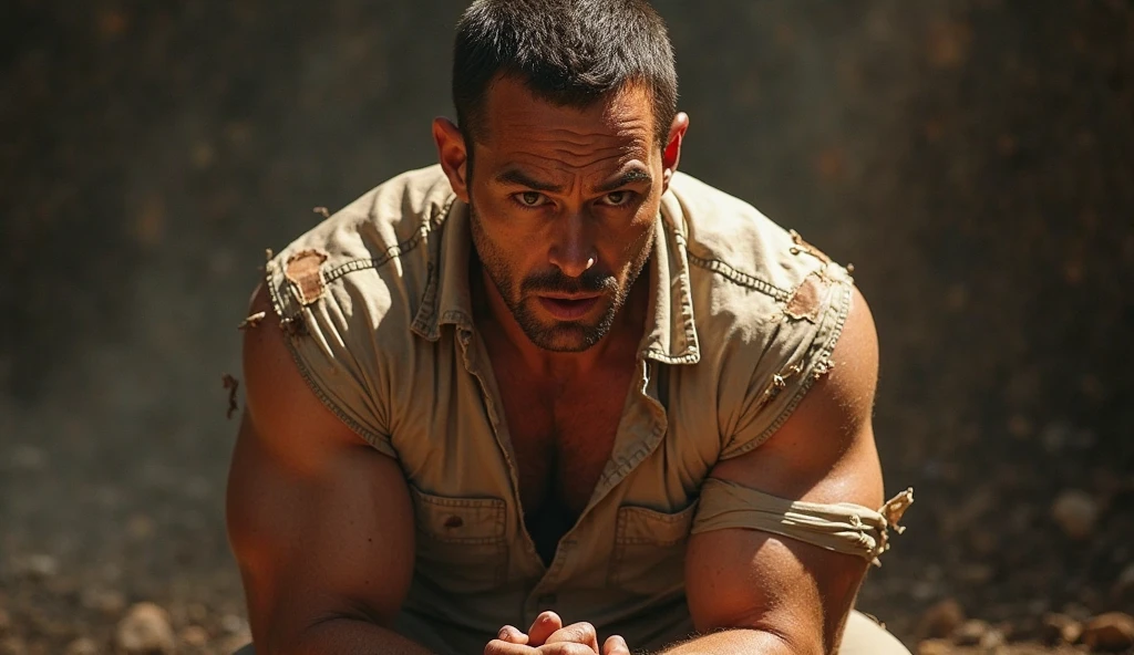 side view (close portrait shot:1.1) of Brad Pitt, (head turned to look at the viewer:1.5), a man on a archaeological park, wearing a dark-teal (tank:1.1) top, stringer (shirt:1.2) with a (high-crewneck:1.5), (extreme low-cut dropped side holes:1.1), in the background is a house in ruins, a tree and flowers, natural lighting, 4k uhd, dslr, soft lighting, high quality, Fujifilm XT3  <lora:StringerSDXL_v2-B1-R:1.5>