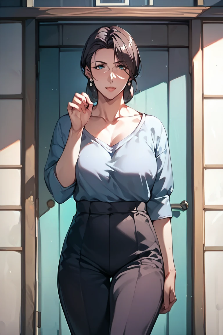 ((super high quality,))((Ultra-high resolution,))(16K,)(super masterpiece,)((Ultra HD ,))(Detailed shading,)One sexy office lady,Cleavage,popped Tight collar White shirts,White tight skirt,smile,Office in the morning sun,