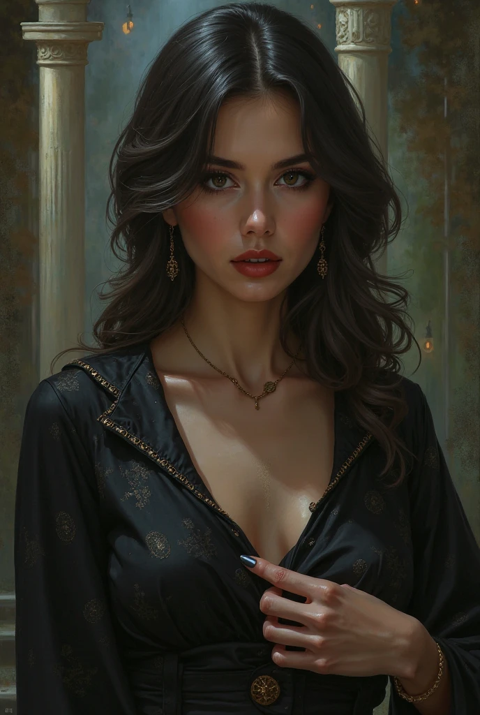 A full figure portrait, beautiful woman yennefer of lust decolletage, long hair, skimpy silk lingerie robe, thron, enchanted aura, ray tracing, subsurface scattering, bokeh, gorgeous fantasy scenery, bright day, Painting by Harrison Fisher and WLOP, Artgerm, Alan Lee, expressive eyes, filigrees, (Carne Griffiths 0.6), (Sienkiewicz 0.4) cinematic lighting, highly detailed full body face and clothing. vibrant, wonderful, very stylish, glamorous, appealing, classy, majestic, stunningly beautiful