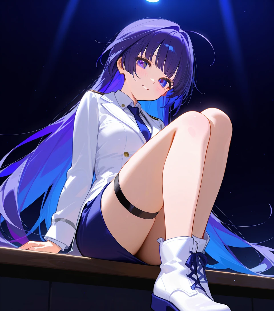Purple and blue hair,Blue and purple gradient eyes,Sitting on a heaven chair with legs crossed,face perfect,happy look,Queen style costumes,girl with,Light coming in from the right,cyan and black clothes, Avoid quirky colors and unnatural shapes,