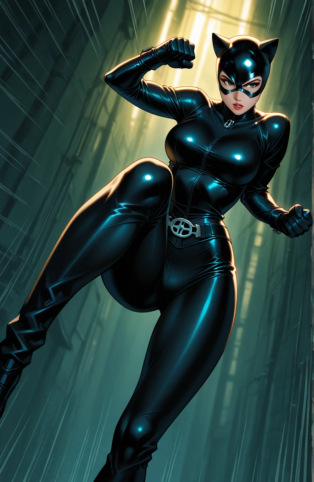 (masterpiece, best quality, official art, beautiful and aesthetic),full body,1 girl,solo,female catwoman jumps,looking at viewer,breasts,dark skin,latex bodysuit,tight clothing,leather gloves,white background,shiny bodysuit,gloss textrue,realistic,raw photo,rich details,<lora:catwoman2-000006:0.6>,