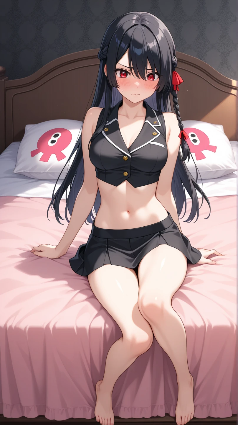 Girl with black hair showing her panties to the camera , looking at the camera, corada, calcinha branca transparente dando pra ver sua vagina, buceta, private part, opening your legs towards the camera, usando uma regata e uma saia, em um quarto, sentada no canto da cama