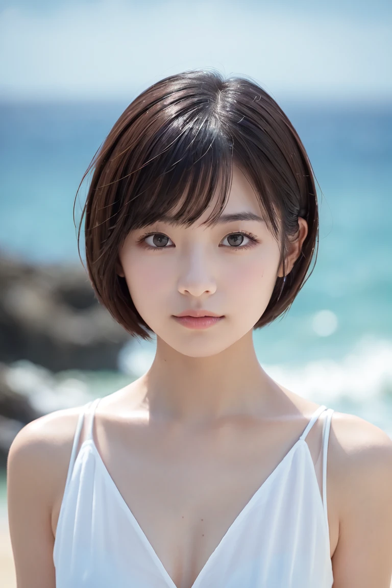 girl, White skin, Dark brown short tiered hair, V cut with layers and bangs, Brown eyes, Soft atmosphere characteristics (Highest quality, Ultra-high resolution, 8K, RAW Photos, Ultra-high resolution: 1.2, masterpiece: 1.3), (Realistic, Realistic: 1.37), Very detailed, Professional Lighting, Photon Mapping, Radio City, Physically Based Rendering, Japanese, One Girl, alone, high school girl,Black Hair, Sharp focus:1.2、Beautiful woman:1.4,cute, Nice, Adorable, smile, Normal chest, naked、Ocean、Rocky area