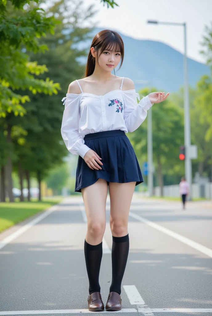 1 woman、(very beautiful)、(beautiful face:1.5)、(stand:1.4)、(Shot from the knee)、(detailed face:1.5)、(eye for detail:1.2)、(detailed lips:1.2)、(detailed nose:1.2)、(Lift up your skirt and expose your panties.:1.8)、(high school :1.5)、(plaid skirt:1.3)、(White transparent panties:1.5)、(school sweater)、(assembly:1.1)、(bare legs)、(brown hair)、(Sidewalk in Shibuya)、(In SFW:1.7)、(night:1.4)