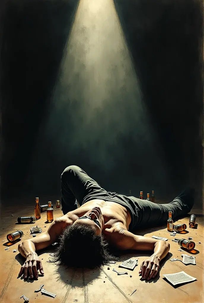 Half-naked Mexican man with malnourished physical appearance, grown beard and mustache, dirty looking and very weak., lying on the ground, Crawling to escape from a bottle of alcohol and drugs while chained and struggling to reach his family