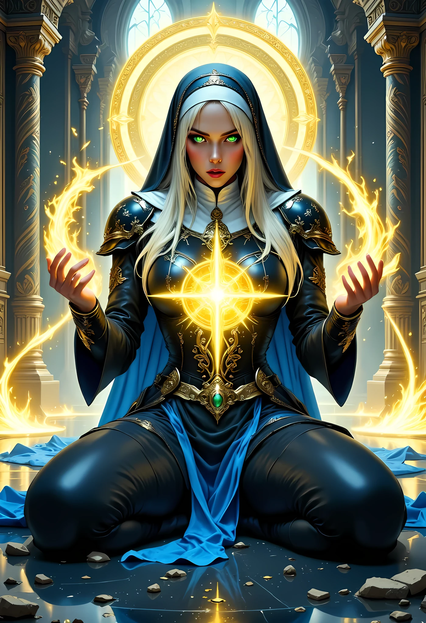 portrait of a nun making an exorcism on a sleeping  , fantasy portrait  art, dnd art, RPG art, wide shot, (masterpiece: 1.4) intense details, highly detailed, photorealistic, best quality, highres,  (fantasy art, Masterpiece, best quality: 1.3) , intense details facial details, exquisite beauty, (fantasy art, Masterpiece, best quality) fantasy nun,  long hair,  (green eyes: 1.3), casting yellow radiant spell, wearing heavy (black and white armor: 1.3), small cleavage, wearing high heeled boots, wearing an (blue cloak:1.3), wearing glowing holy symbol, within fantasy temple background, reflection light, high details, best quality, 16k, [ultra detailed], masterpiece, best quality, (extremely detailed), close up, ultra wide shot, photorealistic, RAW, fantasy art, dnd art, fantasy art, realistic art,((best quality)), ((masterpiece)), (detailed), perfect face, zavy-ctcmcs