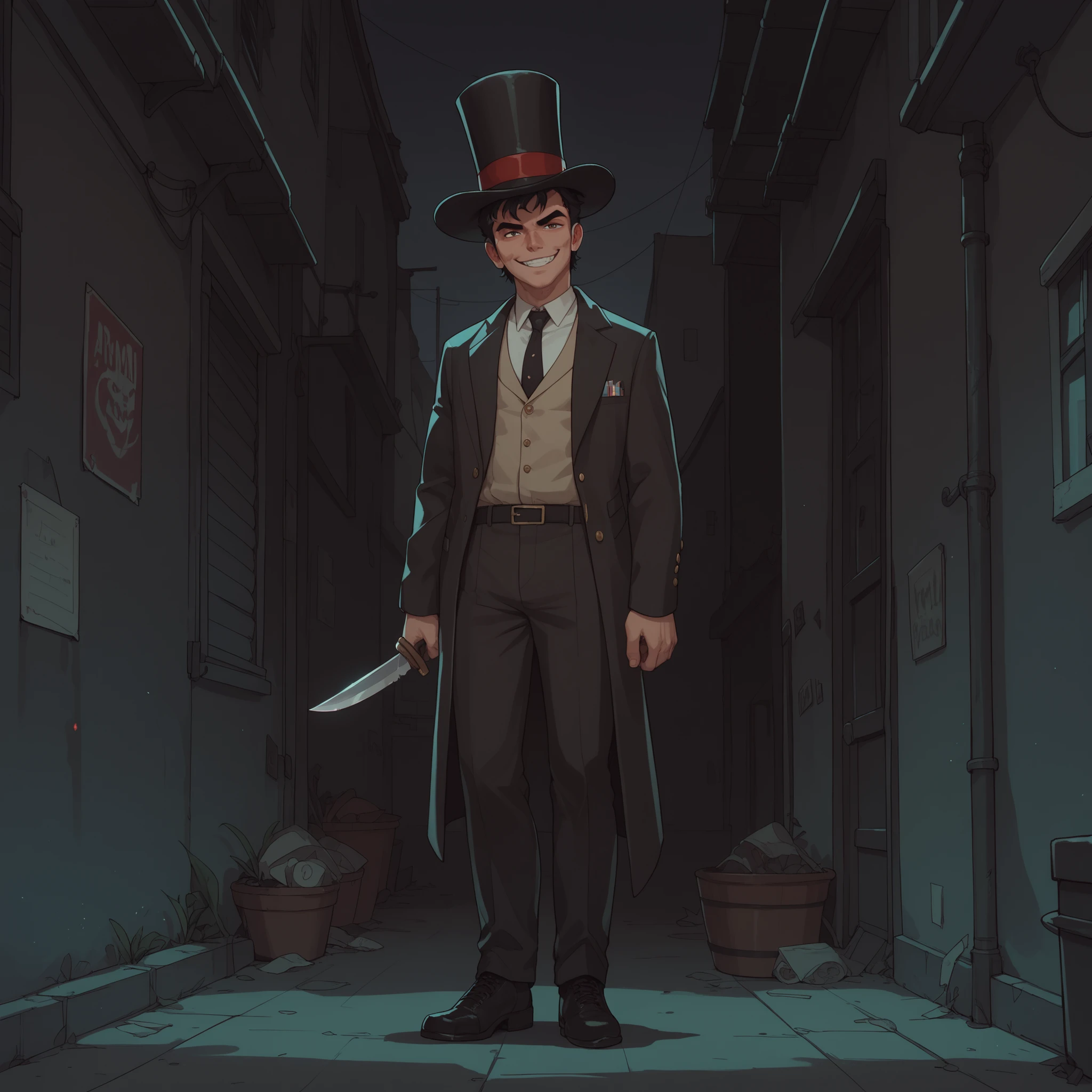 Full body Irish man with black hair in stitched continental suit with top hat, with knife, grim smile, in dark alley