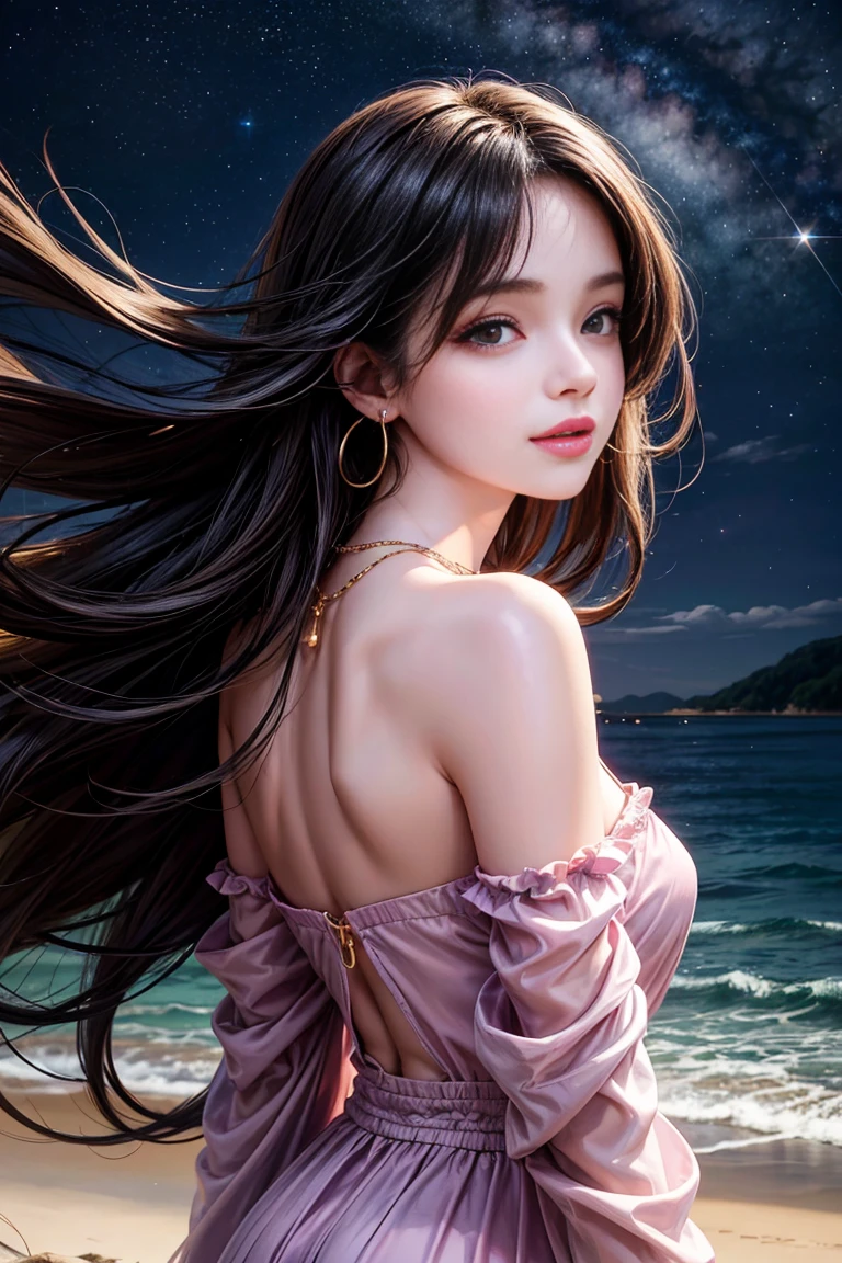 goddesses，Giant tits，Delicate facial features，Long flowing hair，stunner，Flying，view from distance，Beautiful，gorgeou，violet color，in pink，amarelo，Harmony，Sultry pose，idol，8k，Ultra HDR，Highest image quality，Extremely detailed
