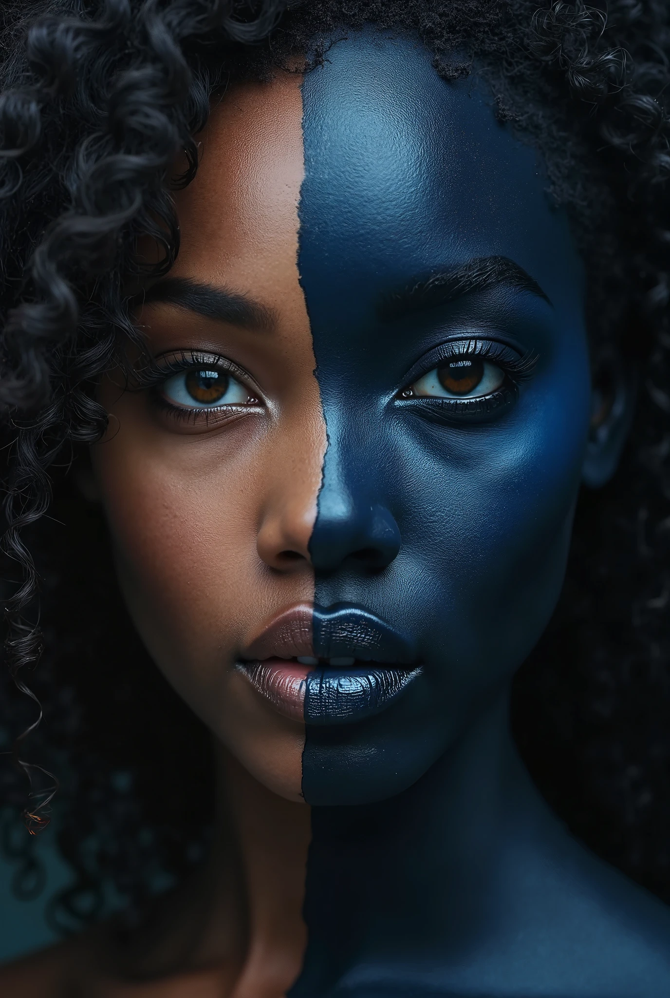 Create a color palette in which different skin tones are affected by the color blue, that its undertone is dark blue 

