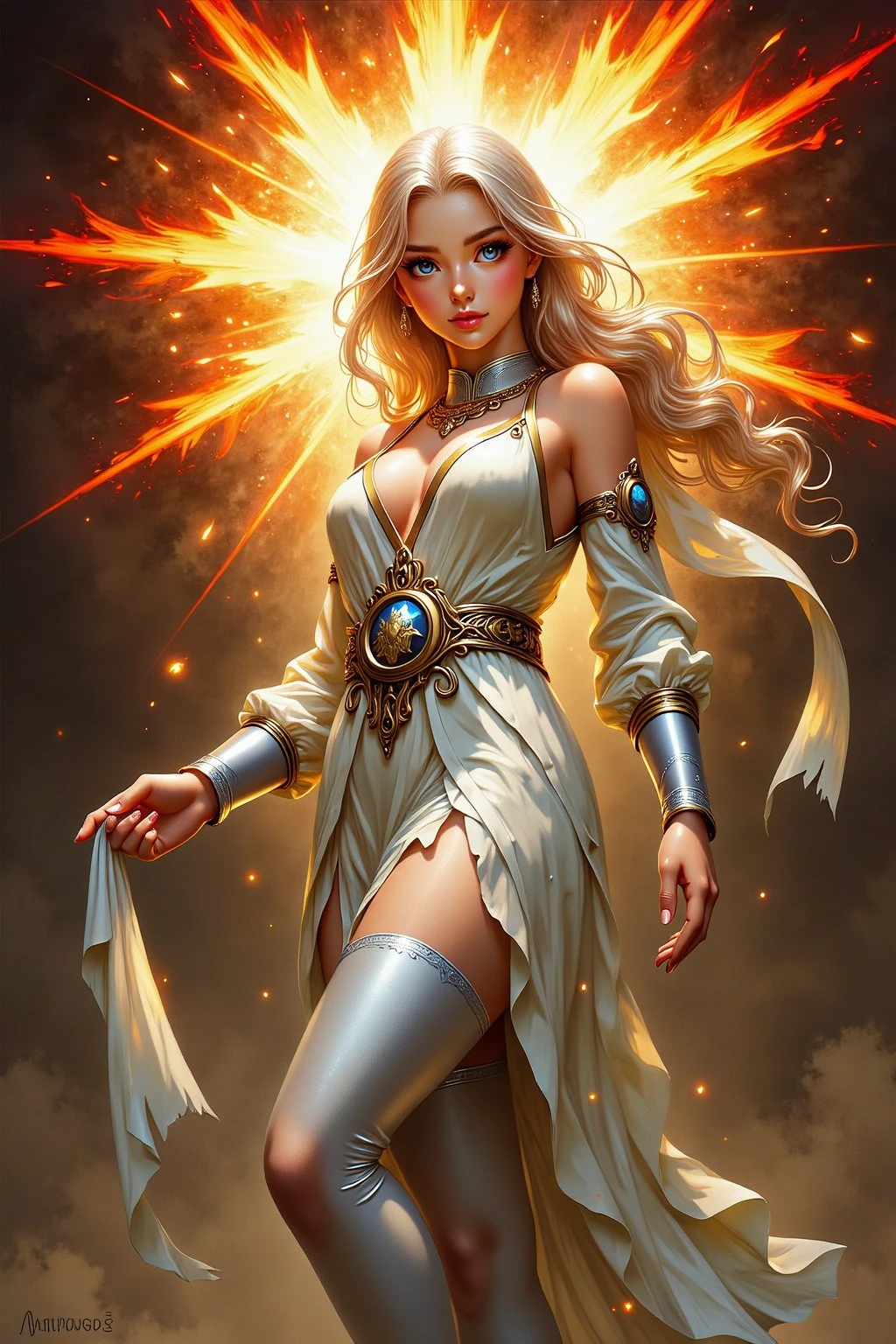 Official Art, Unity 8k wallpaper, ultra detail, masterpiece, best quality, one woman, (very detailed),(RAW photo, best quality), (realistic, photorealistic:1.3), high definition, open mouth wide, ultra-detailed complex 3D rendering of face, (big breasts: 8.8), (highly detailed skin: 1.2), (exposure: 1.1), Beautiful Caucasian woman with full soft breasts and white skin with big ass (topless), breasts, white hair, blue eyes, long hair, (translucent pink dress), dynamic angle, mystical expression, fire glow effect, fantasy background, rim lighting, side light, cinematic light, ultra high definition, 8k, film grain,best shadow, light particles, detailed skin texture, Detailed jewel armor texture, detailed face, intricate detail, super detailed, bright, strong, gold armor, cleavage, slender abs, have glowing weapons, have a shield, pole dron, ((beautiful huge crown with detail)), shining eyes, long red cloak, fantasy, (realistic),