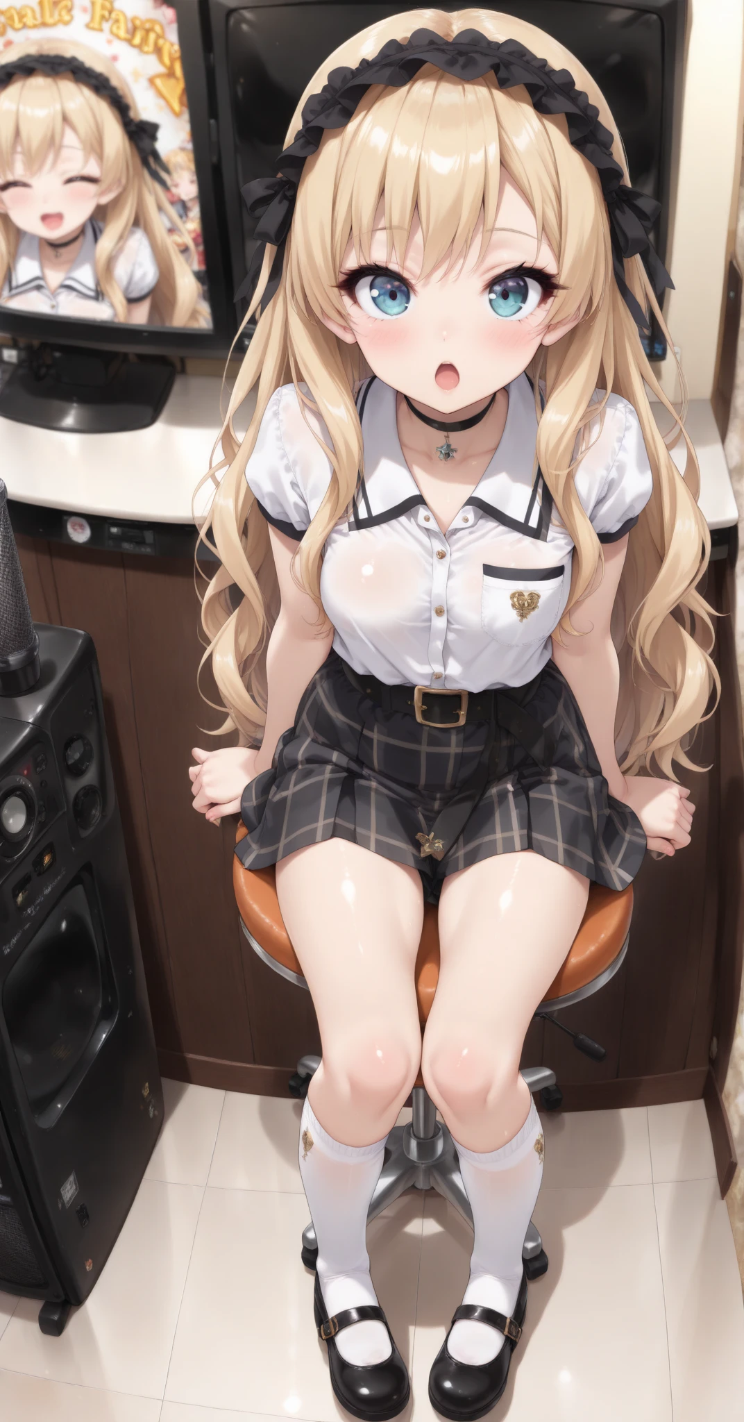((highest quality、High resolution、masterpiece))、Blonde、Cosplayer Beautiful Girl、skirt、Nipples、Embarrassed face、Focus on the penis、((She gives a handjob to a boy、She gives a blowjob to a boy、Covered in semen))、I'm tempting you