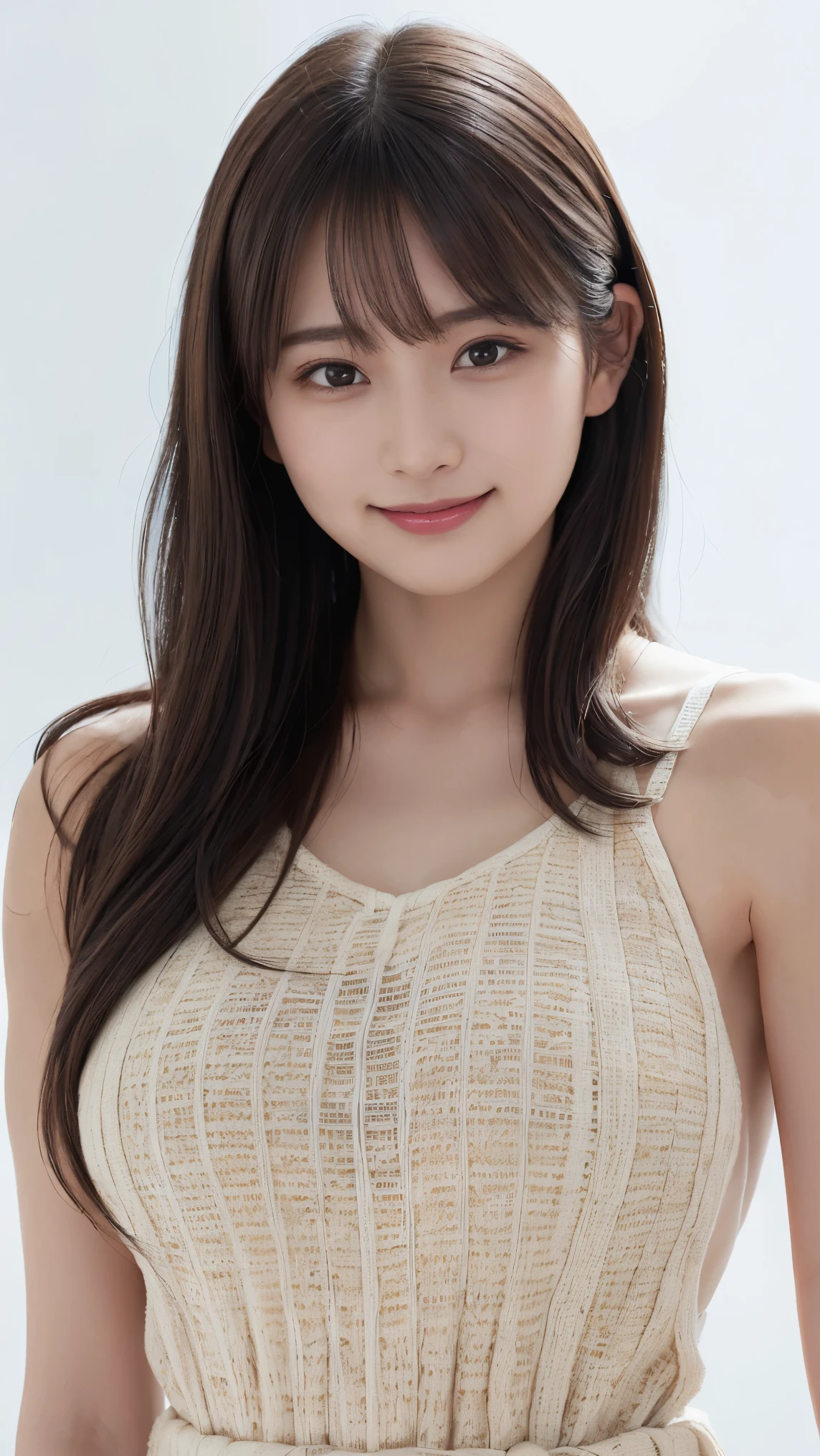 masutepiece, Best Quality, Photorealsitic, finely detail, hight resolution, 8K Wallpapers, Perfect dynamic composition, Beautiful detailed eyes, Medium Hair, large full breasts, Random and sexy poses,Bring your chest together、(Open Chest Mock Neck Crop Tank Top White Knitwear、Cleavage looks realistic)、(Breast bulge 1.2)、A smile、open open mouth、Resort scenery、25-years old、(Drooping eyes 1.4)、Adult beauty、japanes、Show the armpits、raise arms、