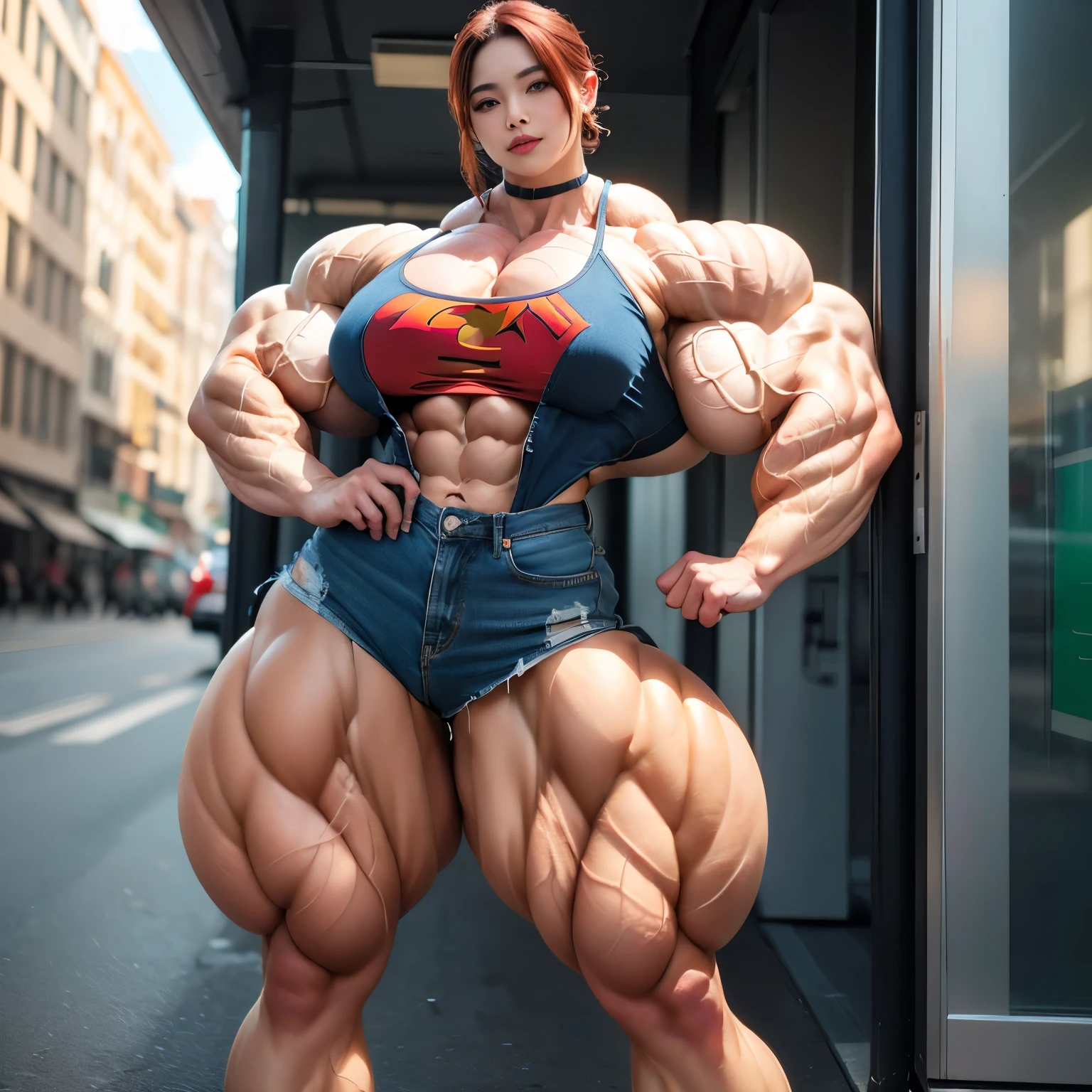 raffe woman in a red dress posing on a street, heavy looking, thicc, giantess art, highly detailed giantess shot, thick body, massive legs towering over you, muscular ultraviolent woman, powerful and huge, hyperrealistic full figure, exaggeratedly large physique, large muscles, extremely detailed giantess
