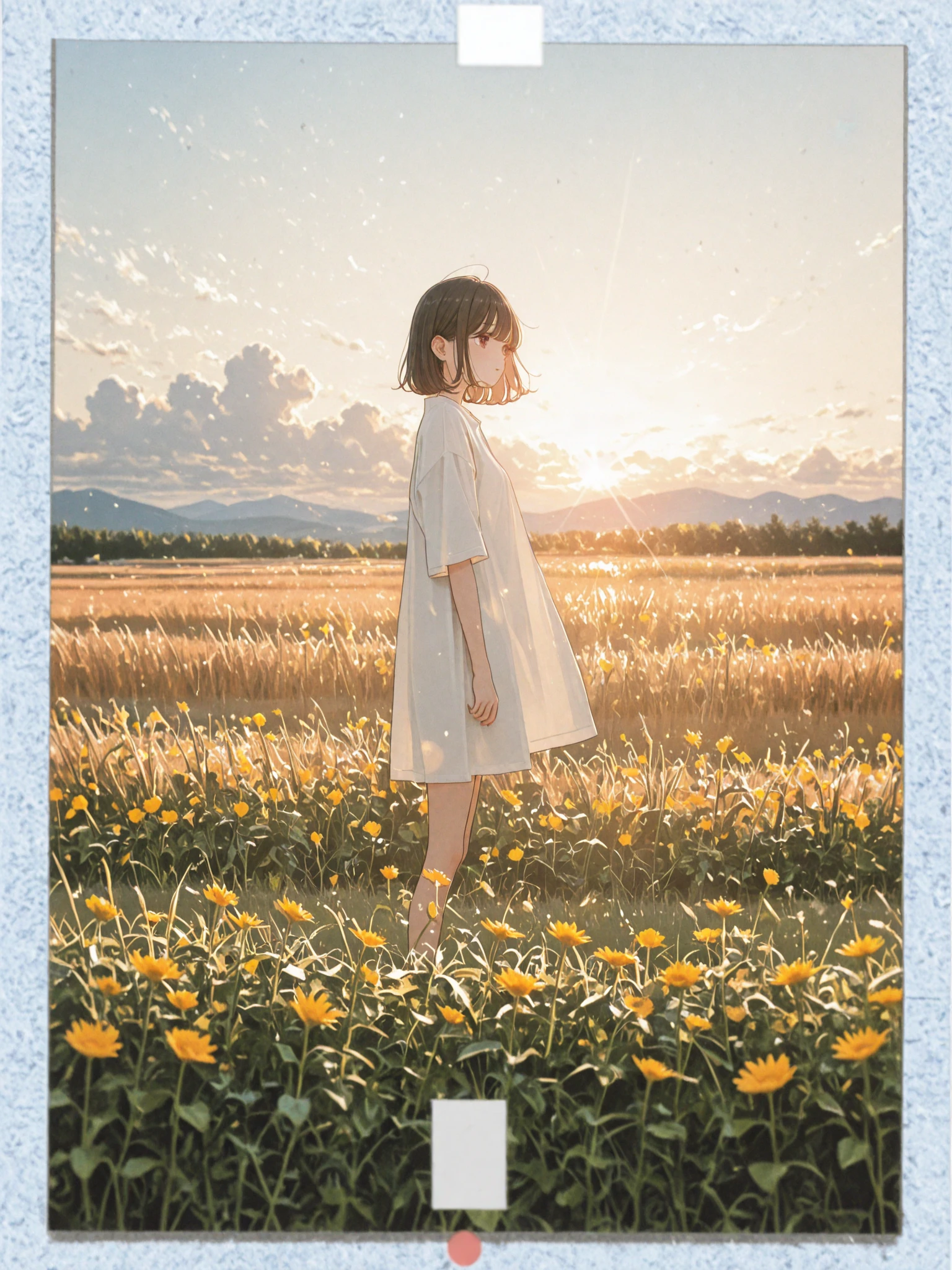 Create an anime-style illustration in the style of Makoto Shinkai. The scene features a young person standing in a field, looking up at the sky with a peaceful and contemplative expression. The sky is vast and blue, with fluffy white clouds and sunlight streaming down, creating a serene atmosphere. The person is surrounded by tall grasses and plants, and the light plays beautifully on their hair and clothes. The overall atmosphere should be peaceful and reflective. The image should be in a 9:16 aspect ratio.”
