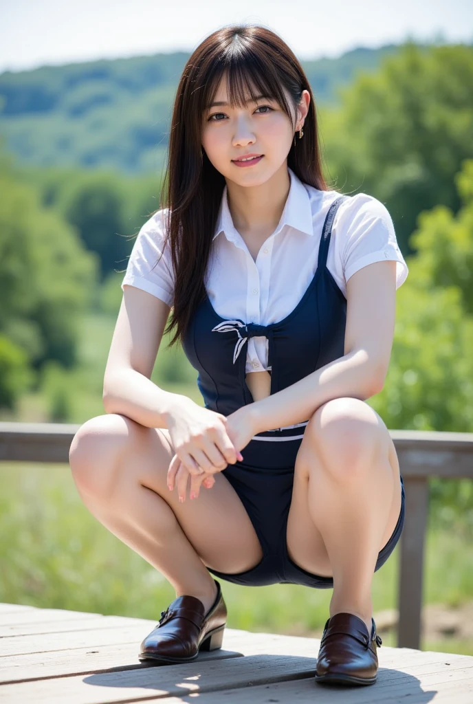 Wearing a sailor suit、Japanese high school students、18-year-old female, RAW shooting, (realism: 1.8, Realistic), High-definition CG integrated 8K wallpaper, One Girl, looking at the camera, ((high qualityスキン: 1.8, Shiny skin)), 8K Ultra HD,Soft lighting, high quality,(Professional Lighting: 1.6), White cotton underwear,Japanese women, From the ankles to the whole body,A shot looking up from the feet, Height: 160cm, Weight 50kg