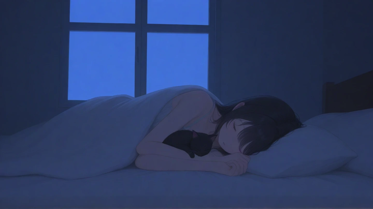 Highest quality（８ｋ）masterpiece、Time is midnight（2.0）Lying on a bed by the window, holding a cute Calico cat（2.0）、Clothing is high school uniform（1.8）The night view can be seen from the window（1.8）、A room in a high-rise apartment with very large windows（1.8）It&#39;s dim in the room.（1.8）、猫はSuper detailed、Fluffy, with each individual hair visible（2.0）、One girl、A cat、Very cute、Best Style、Hairstyle（Twin tails（1.8））The room is a high school girl&#39;s room（1.8）、There are no curtains、１７age、Firm and refreshing々Fresh skin。Plump legs、eye（Super detailed　1.8）Wearing makeup(2.0）、The cat&#39;s face does not collapse（1.8）猫のeyeは自然に。窓から見える夜景はSuper detailed（1.8）