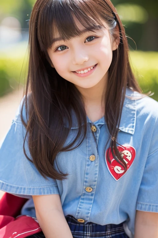 8K,masterpiece, baby face 9 year old girl,from the front,smile,cute,innocent face,innocent,gentle eyes,Childish,plain t-shirt,short sleeve,A short blue checked skirt,semi-long,hair blowing in the wind,black hair,Slightly strong wind,noon,bright,sitting, curvy body