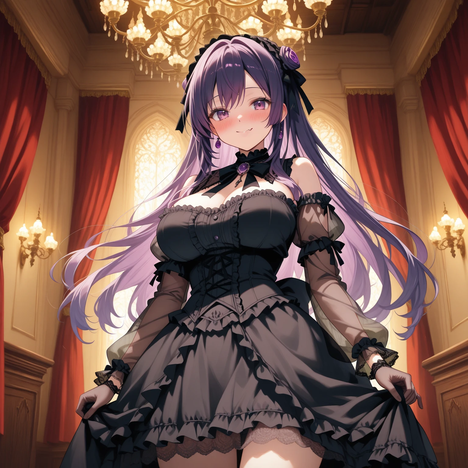 sfw,(hyper extreme detailed),(masterpeace),(best quality),(hyper extreme),CG,indoors,bedroom,1girl, standing, <lora:Felix_Schultz:1>Felix_Schultz,purple hair,twintails,tiara,red eyes, black dress,long skirt,elbow gloves,high heels, petite,