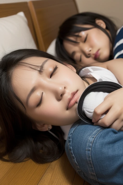 (one:1.4) Girl (High Resolution CG Unity 8k Wallpaper), (Masterpiece), (Best Quality), (Super Detailed), (Best Illustration), 1 Female, ((Sleeping in Futon: 1.4)), (Reiwa's Kyoko Otonashi: 1.4), (Long Black Hair: 1.4), (Bangs Over Forehead: 1.4), (Nice Body: 1.4), ((Thinking While Sleeping: 1.4)), (Worried Face: 1.4), Puffy Eyes, Close-up, (Upper Body: 1.4)