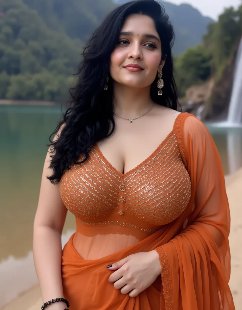 in a rainy day a long haired busty women with huge breasts in grey saree hugging with a bald men beside a river in an Indian village, forest camping