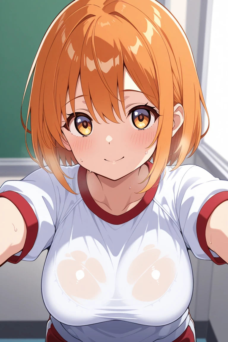 ((masutepiece, Best Quality, hight resolution, nffsw, Perfect Pixel, depth of fields, 4K, )), 1girl in, Solo, , Beautiful anime girl, Beautiful Art Style,
very low view angle:1.3, view from below:1.5, sky from below:1.5, living room background,
Perfect body, happy face:1.5 shot from below:1.4, underboob:1.4, tshirt, show nipples:1.5, selfie from hand:1.5, teeth,
Yuigahama Yui, Hair bun, short hair, large breasts,
Full face blush, red face,
straight on:1.3, medium shot