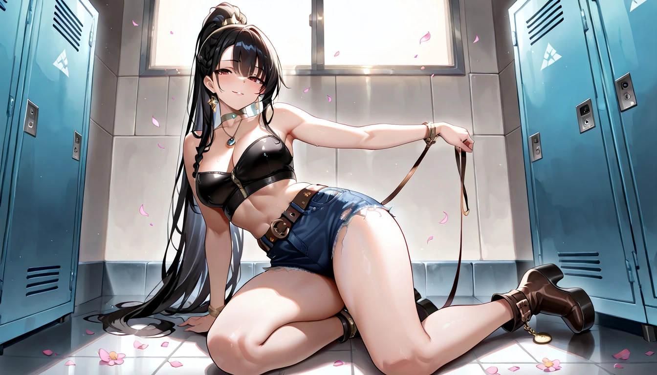 score_9, score_8_up, score_7_up, score_6_up, score_5_up, score_4_up, source_anime, 1 woman, black hair, long hair, close eyes, tongue, w-w-chain, spread legs, messy hair, sweaty shirt, bikini, black thigh high boots,heels, platform, night, dungeon, best quality, best res, 4K UHD,