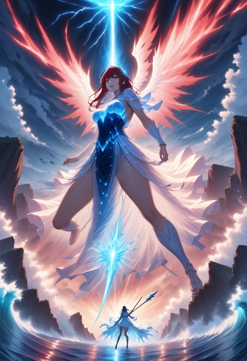 Angel Woman. Sexy Badass Witch. Brown Curly Hair. Angel Wings. Strong Woman. Beautiful Moon Background. Full Body. Long Curly Hair. Green Eyes. Fire Power