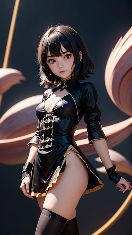 Zelda, waifu, , black hair, blue eyes, short hair, armpit, short dress, see panties, Big legs, transparent yellow black dress, Big hips,