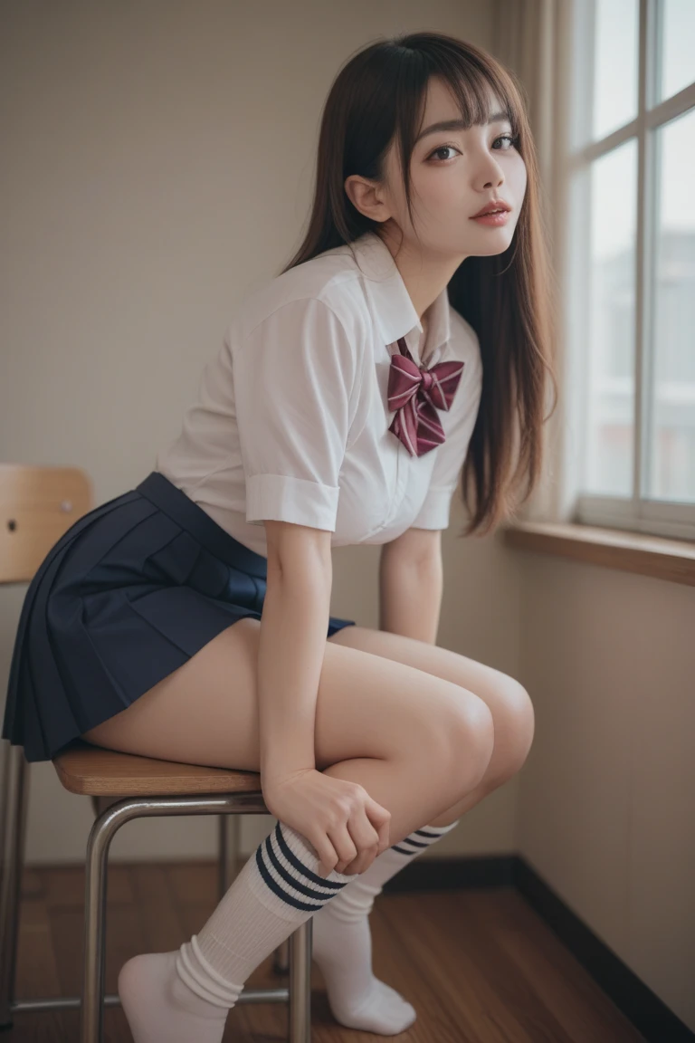 High resolution、High resolution、in 8K、Real Live Action、RAWphotographgraphy、Highest quality、masterpiece、Tabletop、erotic、young、student、White bra,White skin,knees、Detailed Panty Pattern、Panty Focus、White lace panties、absurdes,Small face、part your bangs in the middle、The forehead is visible,(Cold look<Squinting my eyes,Glare,strong,Light anger)、masterpiece,Highest quality、超High resolution,RAWphotograph,only,Beautiful poop,one person, one personで,Dark look,Small breasts,whole body、very nice、JK Uniform,（Realistic：1.37）、Photon Mapping,Light blue ribbon,Realistic、Cute Face,Brown eye、12 years、(Red bow tie)、Physics-based only dulling、prospect、Written boundary depth、Blurred Background、photograph,We、body,Beautiful legs, Long legs, Thin legs,Bobcut,(I can see the bangs), lips, green_eye, Nose Soft,(White shirt with open neck), (Navy Pleated Skirt(Please lift your skirt、White panties are visible), I can see the knees,See-through clothing,Cute Japan、Sparkling eyes、Glossy lips、Dynamic pose,Short white socks、Foot raised in the air、Showing dirty feet、Spread your legs wide