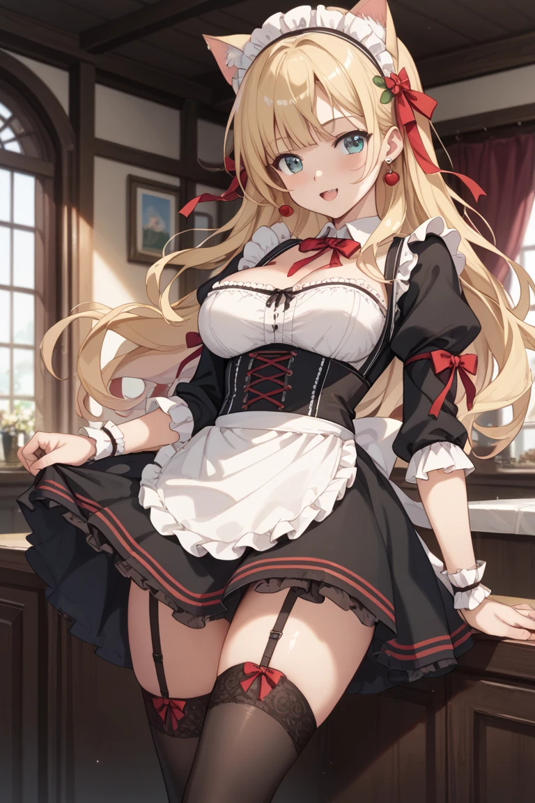 top-quality、supreme1People Girls,hightquality,A detailed face、A detailed eye、Detailed nose、Detailed mouth、 Beautiful expression, ((masuter piece)), ((High resolution)), ((Best Quality)), detail, (cum faced、Excited face.Very happy,), ((Skin shiny with sweat)), (maid clothes:1.6、garterbelts:1.3、Stockings:1.4)、 girl with, a blond, (Half Twin Tail)、sit down and open legs:1.3、fair white skin:1.3、、Smaller chest, cinmatic lighting, perfectly shaded,(((Western Pavilion))), Realistic lighting with shades,Reflecting the whole body
