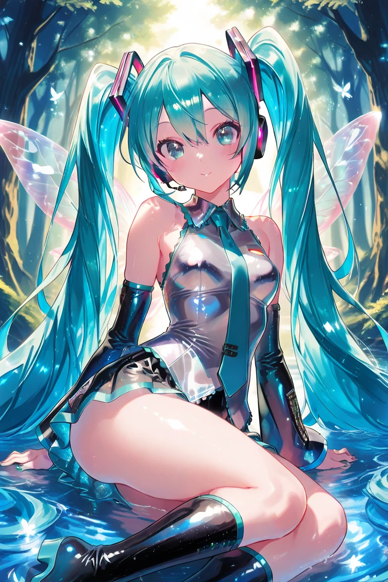 Hatsune Miku the iconic virtual pop star, stands center stage in a futuristic concert venue. Bathed in a neon glow, she gracefully weaves her hands through the air, her fingers leaving trails of light as she conjures a mesmerizing holographic performance. The crowd, a sea of excited fans, watches in awe as she brings her music to life with every elegant movement, ((naked anthropomorphic female cat with blue eyes is sitting in a body of water)), possibly a lake or a pond. She appears to be enjoying the water and the peaceful surroundings, The scene is set during sunset, casting a warm glow on the water and her fur