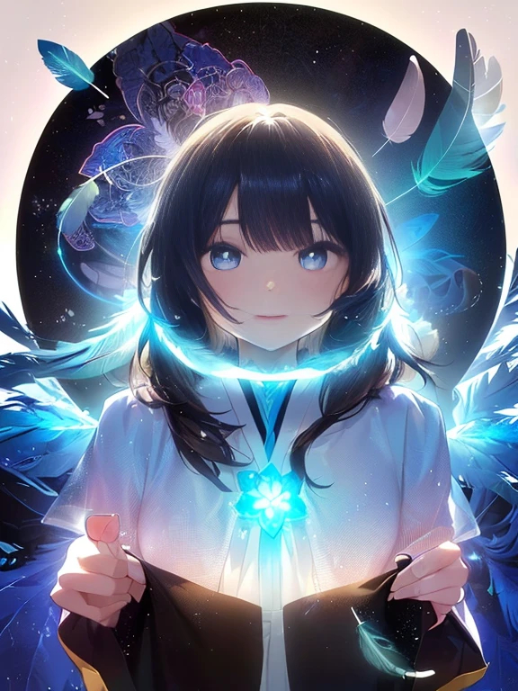 Adult anime girl in with long straight dark iridescent hair,dark iridescent eyes,casual wear,8k, best quality, professional photo