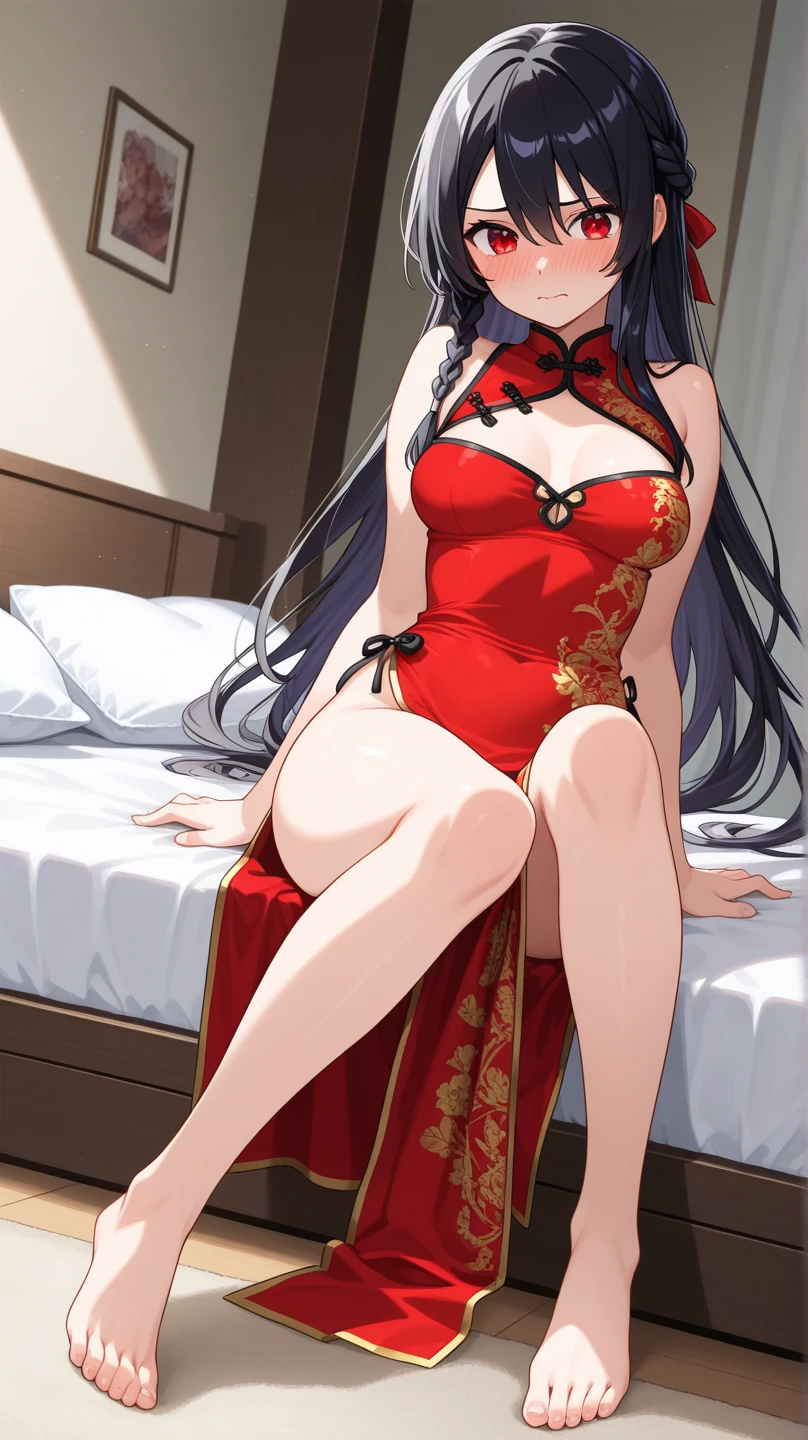 A tragic historical drama in 8k live-action style: Beautiful palace secrets Beautiful Chinese Kung Fu Princess with long black hair has very intense sex with old Emperor Gorgeous embroidery, Ultra glossy, She is wearing a shiny red top and bottom long sleeve floral pajama kung fu suit....