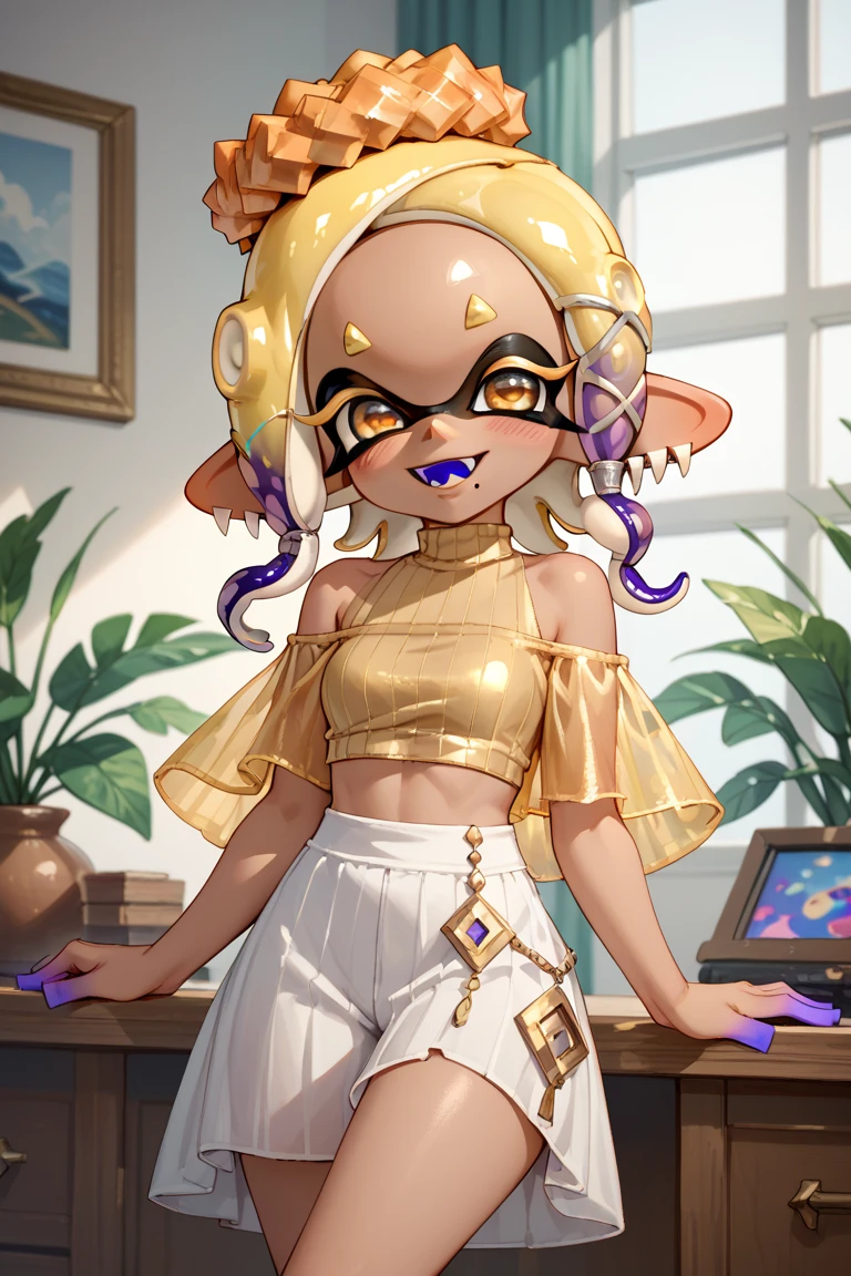 masterpiece、Highest quality、High resolution、(Real Anime)、3d、Source, (One Splatoon girl)、Golden tentacle hair、Golden Eyes、Big and cute eyes,blush、Red plump lips、smile、gigantic breast、Cleavage、 From below 、One-frame comic situation photo、