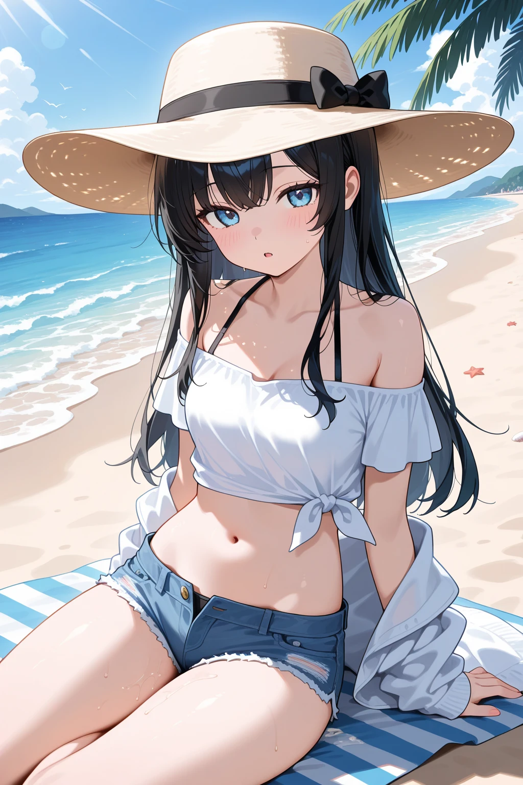 Shade near the beach。A beautiful girl with long black hair in a bikini。Standing posture leaning forward。Shyly、I tried to take off the jeans I was wearing over my swimsuit.、An illustration of a person putting both hands around the waist of their jeans in the middle of pulling them down。