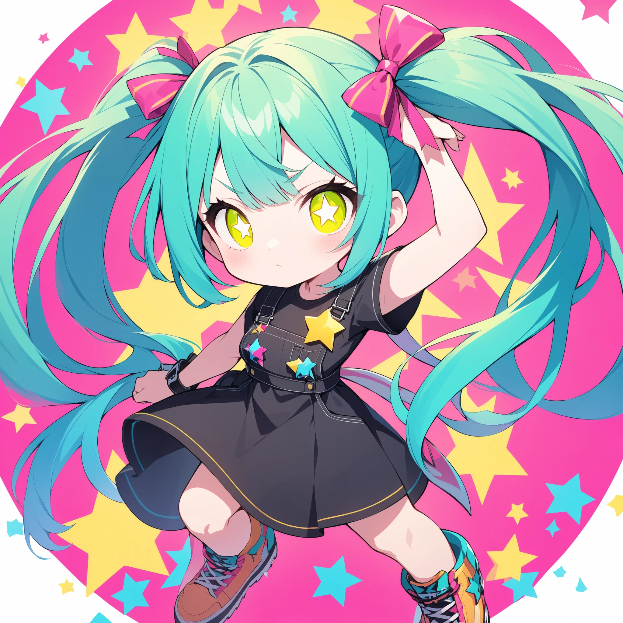 , and、features a yellow star-shaped accessory on the inside of the pigtail. raising his left arm up、with bright blue-green hair tied into pigtails、has a prominent pink ribbon on the top, x} moreover、enhances contrast and makes the character pop visually. character's eyes are big so that they look fun, dark, and the focused, conveys a sense of determination and frustration. Her round face is、and is surrounded by vivid hair that changes to pink until the end. It's an illustration that combines cute charm elements with a slightly rebellious attitude {x} She's wearing a simple black dress adorned with big yellow stars. Part of, highlights the star theme in the colorful and bold illustration. complete the, adds a playful touch to her overall look. background is bright orange , costume What makes it look great is an oversized pink shoe that matches the ribbon. depicts a cartoon character with an expressive and determined expression, captured from the character's stance and expression.