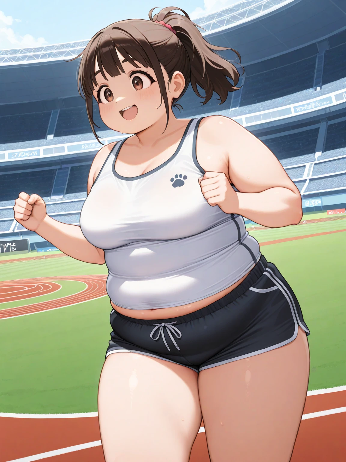 A girl wearing bloomers((from the front)),Brown Hair,Light brown eyes,Blushed,Troubled expression,pigtails,BIG Boned,On the ground,steam,vapor,Big Ass,Thick legs,Thick arms,Wide pelvis,Wearing gym clothes,thick calf,tall,Sweat,Being outside,weather((Clear skies)),Puffy nipples,A white sports bra showing through her gym clothes,See-through bra