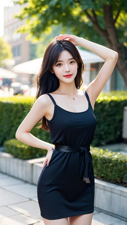最high quality, 8K, Masseter area, Full of energy, Be focused, high quality, high resolution, Delicate face, Fine particles, thick lips, (Looking at the audience), solitary, Beautiful woman, 25 years old,Full figure， Plum, Black long hair,  (Light-colored spaghetti-strap twill dress:1.5)，Without sunlight，In front of the park garden,（Sitting on a chair in the park：1.5）、blur background，((Smile:1.5))、((Wearing black high heels))，High target